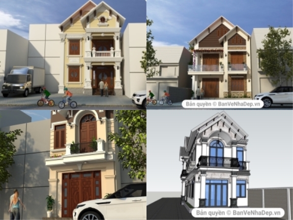 [Cad+Su] Tổng hợp 4 mẫu nhà phố 2 tầng mái thái
